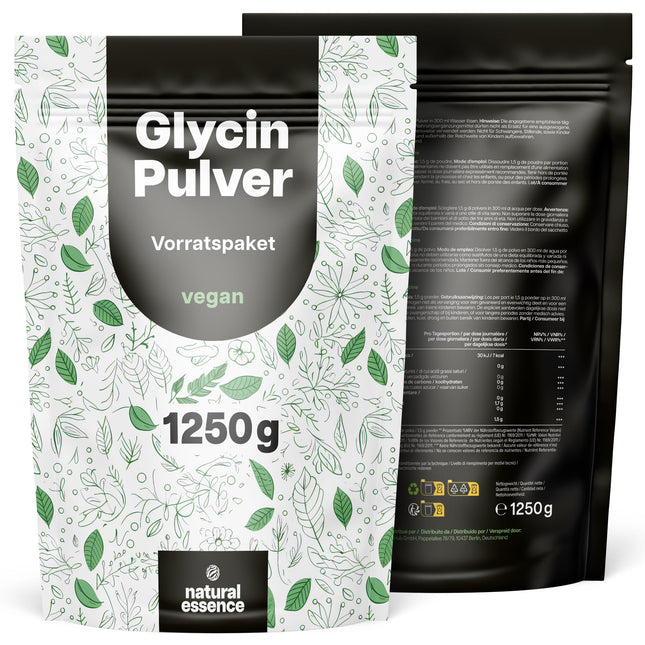 Glicīna pulveris 1250 g (1,25 kg) - 100% tīra aminoskābe - salds aminoskābes glicīns - bez piedevām, vegāns un ražots Vācijā