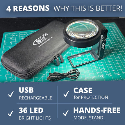 30x brīvroku palielināmais stikls ar uzlādējamu USB, 36 LED gaismām, uzglabāšanas maciņš | 40x palielināmais stikls ar statīvu monētu nolasīšanai, slikta redzamība