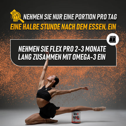 MST® Nutrition Flex Pro pulveris – kolagēns, MSM, glikozamīns, hondroitīns un hialuronskābe – augstas kvalitātes formula – ražots Vācijā (945 g, apelsīnu krāsā)