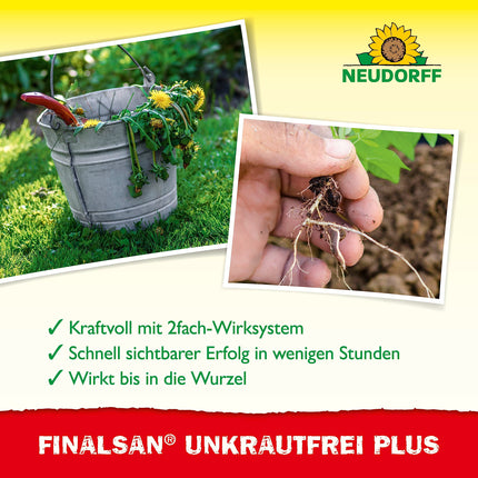 Neudorff Finalsan UnkrautFrei Plus koncentrāts — spēcīgs nezāļu iznīcinātājs, kas iedarbojas tieši līdz augu saknēm. Ātras darbības nezāļu tīrītājs 1x 2 litri, zaļš