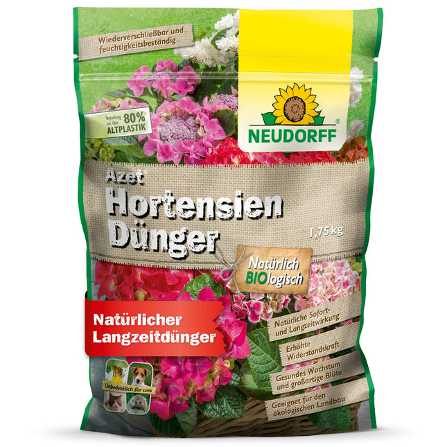 Neudorff Azet hortenziju mēslojums – organiskais hortenziju mēslojums ar 100 dienu ilgstošu iedarbību nodrošina intensīvu krāsu hortenzijām, kamēlijām un bugenvilejām, 1,75 kg