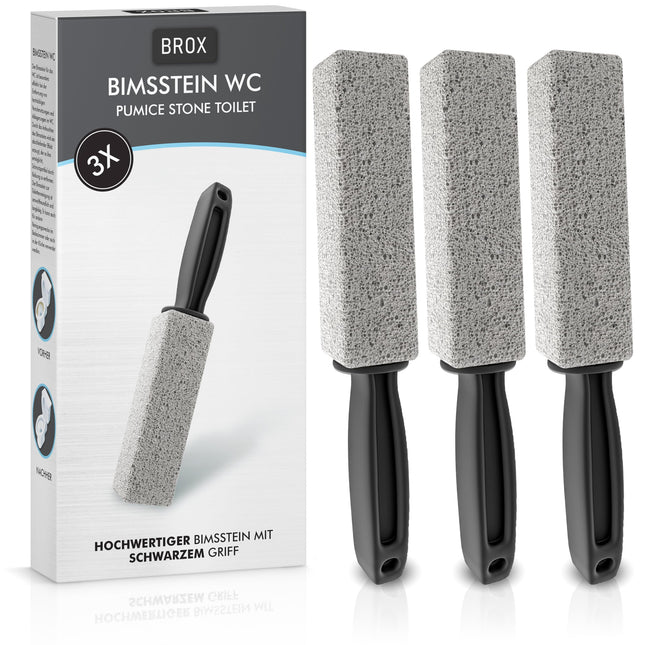 BROX® pumeka akmens tualetes 3 gabali – tualetes tīrīšanas līdzeklis grūti tīrāmiem urīna nosēdumiem un kaļķakmens nosēdumiem – pumeka akmens tualetes pods – tualetes akmens efektīvai tīrīšanai – tīrīšanas akmens – urīna akmeņu noņēmējs ar melnu rokturi