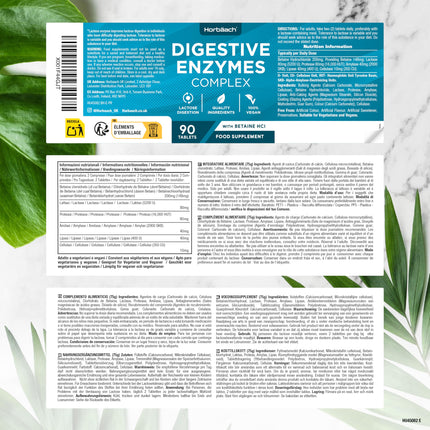 Gremošanas enzīmi | Enzīmu komplekss amilāze, proteāze, laktāze, lipāze un celulāze | Betaīna HCl | 90 vegānas tabletes | Gremošanas enzīmi | Horbaach