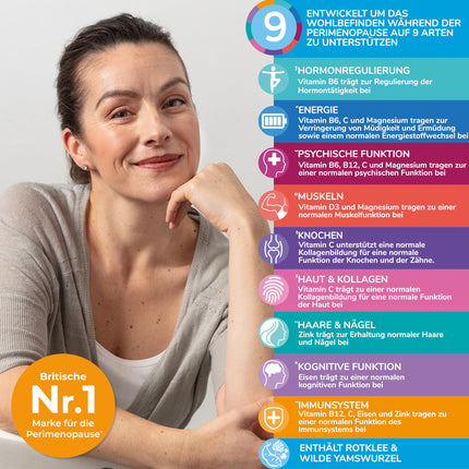 Veselība un viņas perimenopauze - ar 800 mg sarkanā āboliņa, 500 mg jama saknes, dzelzi, D3, B6 un B12 vitamīniem un makas ekstraktu labākam hormonu līdzsvaram agrīnā menopauzes laikā - Menopauze 60 kapsulas