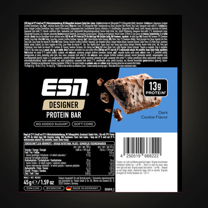 ESN Designer batoniņu kārba, tumšā cepumu forma, 12 x 45 g, ideāla uzkoda ar līdz pat 14 g olbaltumvielu vienā batoniņā - ražota Vācijā