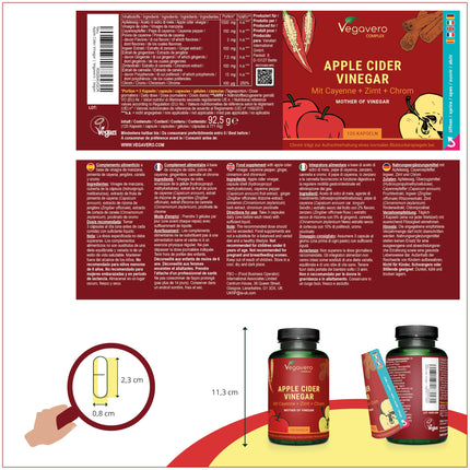 Ābolu sidra etiķa kapsulas | 1500 mg | Etiķa komplekss + Kajēnas pipari + Ingvers | Cukura līmenis asinīs* un vielmaiņa | Ābolu sidra etiķis | Laboratorijā pārbaudīts un vegāns | Vegavero®