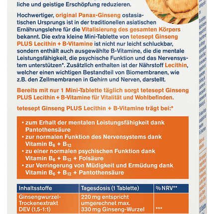 tetesept žeņšeņs plus lecitīns + B vitamīni - augsta deva - uztura bagātinātājs nervu atbalstam un organisma vitalizācijai, pateicoties B vitamīniem - 1 x 30 mini tabletes
