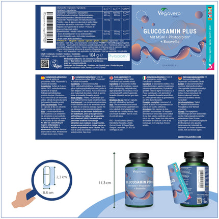 Glikozamīna hondroitīns lielās devās un vegāns | 1000 mg glikozamīna | Ar MSM | Laboratorijā pārbaudīts un vegāns | Bez piedevām | Vegavero® ražots Vācijā