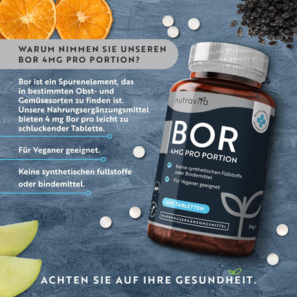 Bors — 4 mg tīra bora vienā tabletē — 400 tabletes — 13 mēnešu krājumi — Laboratorijā pārbaudīts — Bez nevēlamām piedevām — Augsta deva — Piemērots vegāniem — Ražotājs: Nutravita