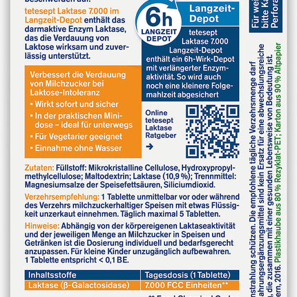 tetesept Lactase 7000 – laktāzes tabletes laktozes nepanesības gadījumā – uztura bagātinātājs ar tūlītēju iedarbību un 5 stundu ilgstošu depo – 1 bundža ar 90 tabletēm