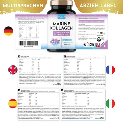 Augstākās kvalitātes jūras kolagēna kombinācija 1000 mg + Q10, hialuronskābe, varš, mangāns, C vitamīns, cinks un biotīns veicina normālas ādas un matu veselības uzturēšanu; Ražots Austrijā, uzņēmumā VROODY - testa rezultāts ĻOTI LABS!