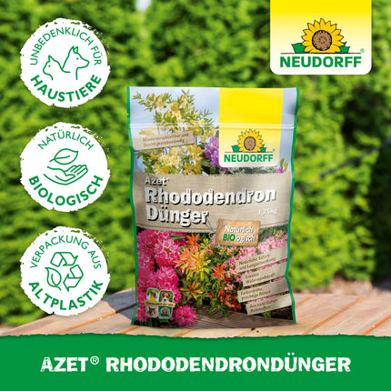Neudorff Azet rododendru mēslojums – organiskais rododendru mēslojums ar mikorizu nodrošina krāsainus un krāšņus ziedus ar 3 mēnešu ilgtermiņa efektu, 1 kg