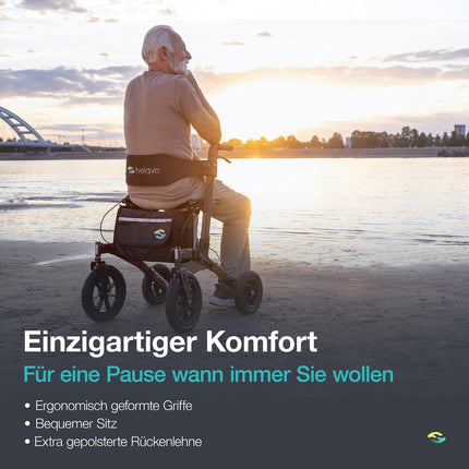Helavo rollators ar necaurduramām cietgumijas riepām lietošanai ārpus telpām - salokāms alumīnija āra rollators ar sēdekli - maksimāla mobilitāte un komforts ārpus telpām
