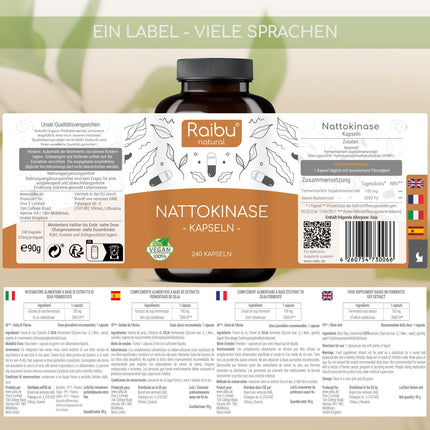 Nattokināzes kapsulas, augsta deva, 240 kapsulas, katra pa 100 mg (20 000 FU/g) - 8 mēnešu krājumi, laboratoriski pārbaudīts, vegāns - bez piedevām - Raibu