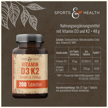D3 K2 vitamīna tabletes - 200 tabletes - D vitamīns augsta deva 20000 SV + 200µg K2-Mk7 vitamīns - D3 K2 Depot - Veģetārs - D3 K2 vitamīns augsta deva