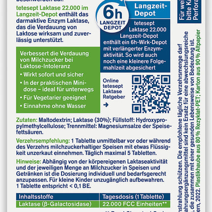 tetesept Lactase 22 000 – laktāzes tabletes laktozes nepanesības gadījumā – uztura bagātinātājs ar tūlītēju iedarbību un 6 stundu ilgstošu depo – 1 bundža ar 40 tabletēm