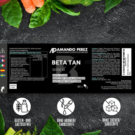 Amando Perez Beta karotīna 50 000 SV Depot iedeguma kapsulas - 180 mīkstās kapsulas, augstas devas un vegānas - A vitamīna prekursors - bez alergēniem un ĢMO - dabīgs iedegums