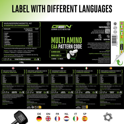 Multi Amino-EAA Pattern Code - 500 tabletes pa 1000 mg katra - Cilvēka koda formula - Visas 8 neaizvietojamās aminoskābes - No augu fermentācijas - Augsta deva - Vegāns