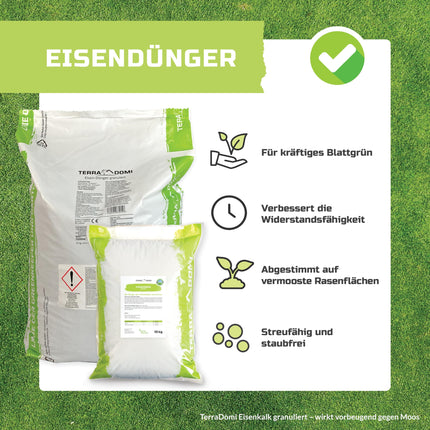 TerraDomi dzelzs mēslojums 25 kg apm. 1000 m² | Turbomēslojums, kas pielāgots zālieniem ar sūnām | Granulēts, piemērots izkliedētājiem un bez putekļiem