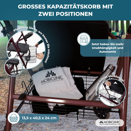 Mobiclinic®, Rollators, Escorial, Eiropas zīmols, Salokāms un viegls, Noslēdzama rokas bremze, Iešanas palīglīdzeklis, Alumīnijs, Noņemams grozs, Ar sēdekli un atzveltni, Bordo