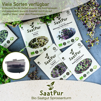 SaatPur® dīgšanas kastes komplekts ar 3 līmeņiem kā diedzēšanas ierīce: dīgļu audzēšana un mikrozaļumu audzēšanas paplātes. Dīgšanas kaste, diedzēšanas paplāte, kvalitāte, dīgšanas kaste, dīgšanas māja, dīgšanas ierīce