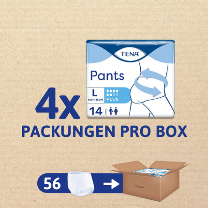 TENA Pants Plus — 56 biksītes mēneša iepakojumā (4 x 14 gabali) — vienreizlietojamās biksītes sievietēm un vīriešiem — elpojošas unisex nesaturēšanas biksītes — urīnpūšļa vājuma un urīna nesaturēšanas gadījumā — baltas, L izmērs