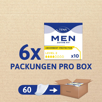 TENA MEN uzsūcošie ieliktņi, 2. līmenis — 60 ieliktņi mēneša iepakojumā (6 x 10), individuāli iesaiņoti — vīriešu higiēniskās paketes mērenai urīna zudumam un nesaturēšanai