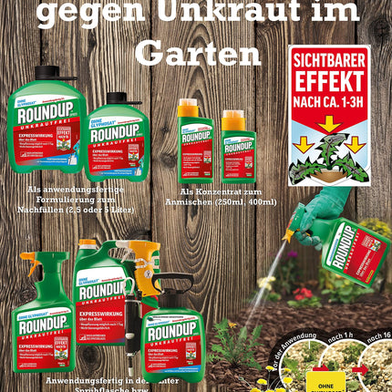 Roundup Express koncentrāts nezāļu iznīcinātājam, 400 ml, pret nezālēm un zāli, bez glifosāta, līdz 500 m²