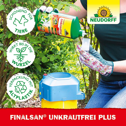 Neudorff Finalsan UnkrautFrei Plus koncentrāts — spēcīgs nezāļu iznīcinātājs, kas iedarbojas tieši līdz augu saknēm. Ātras darbības nezāļu tīrītājs 1x 2 litri, zaļš