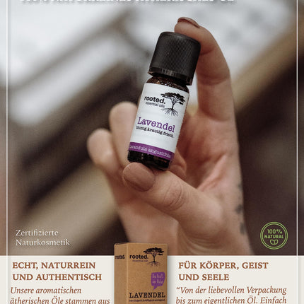 rooted.® ORGANISKĀ lavandas eļļa 10ml [100% TĪRA] - Īsta lavanda - Lavandula angustifolia - Ēteriskā eļļa aromterapijai, smaržu lampām, difuzoriem, telpu aromatizēšanai, aromātiskajām svecēm un ziepēm