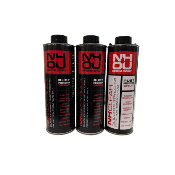 NHOU® eļļas pārklājums pretkorozijas apstrādei – 3 gab. komplekts (2 × melns + 1 × caurspīdīgs, 1000 ml metāla tvertne)