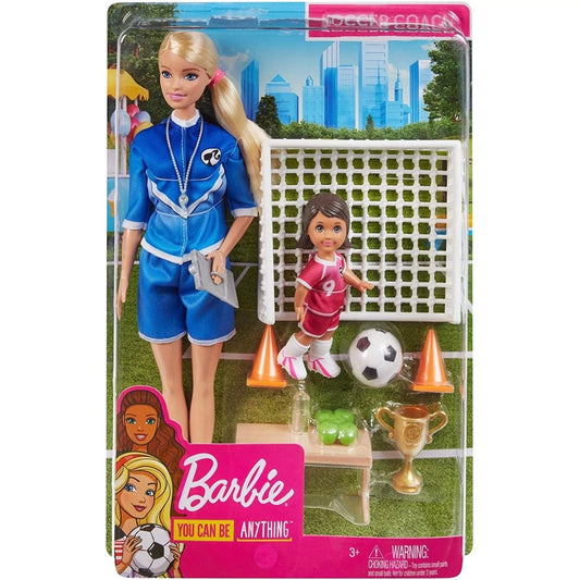 Mattel Barbie soccer coach playset with 2 dolls and accessories, soccer player