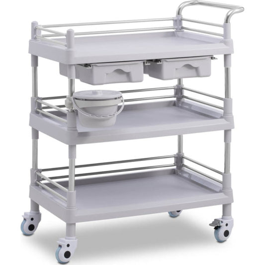 Medical laboratory trolley with 3 shelves, 2 drawers, basket